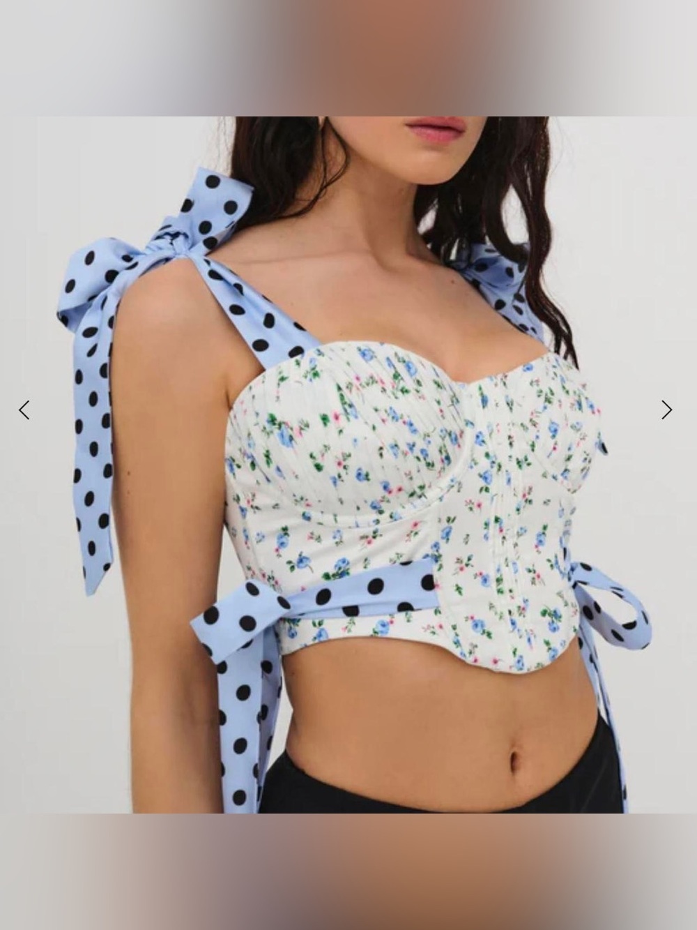 FOR LOVE & LEMONS Eugene Bustier Corset Top Floral White Blue Polka Dot Bow - Picture 4 of 8